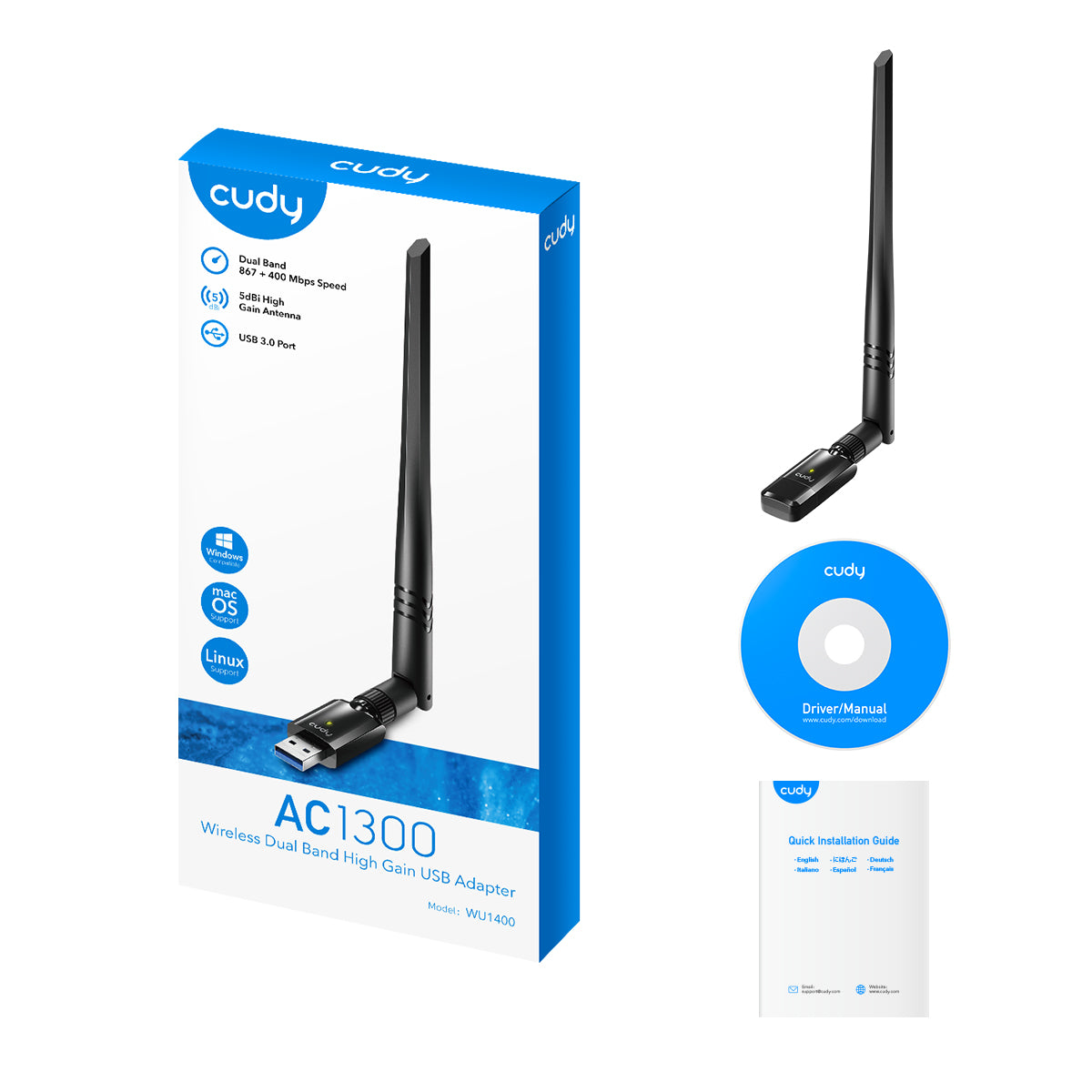 AC1300 High Gain USB Wi-Fi Adapter, Model: WU1400 - WU1800