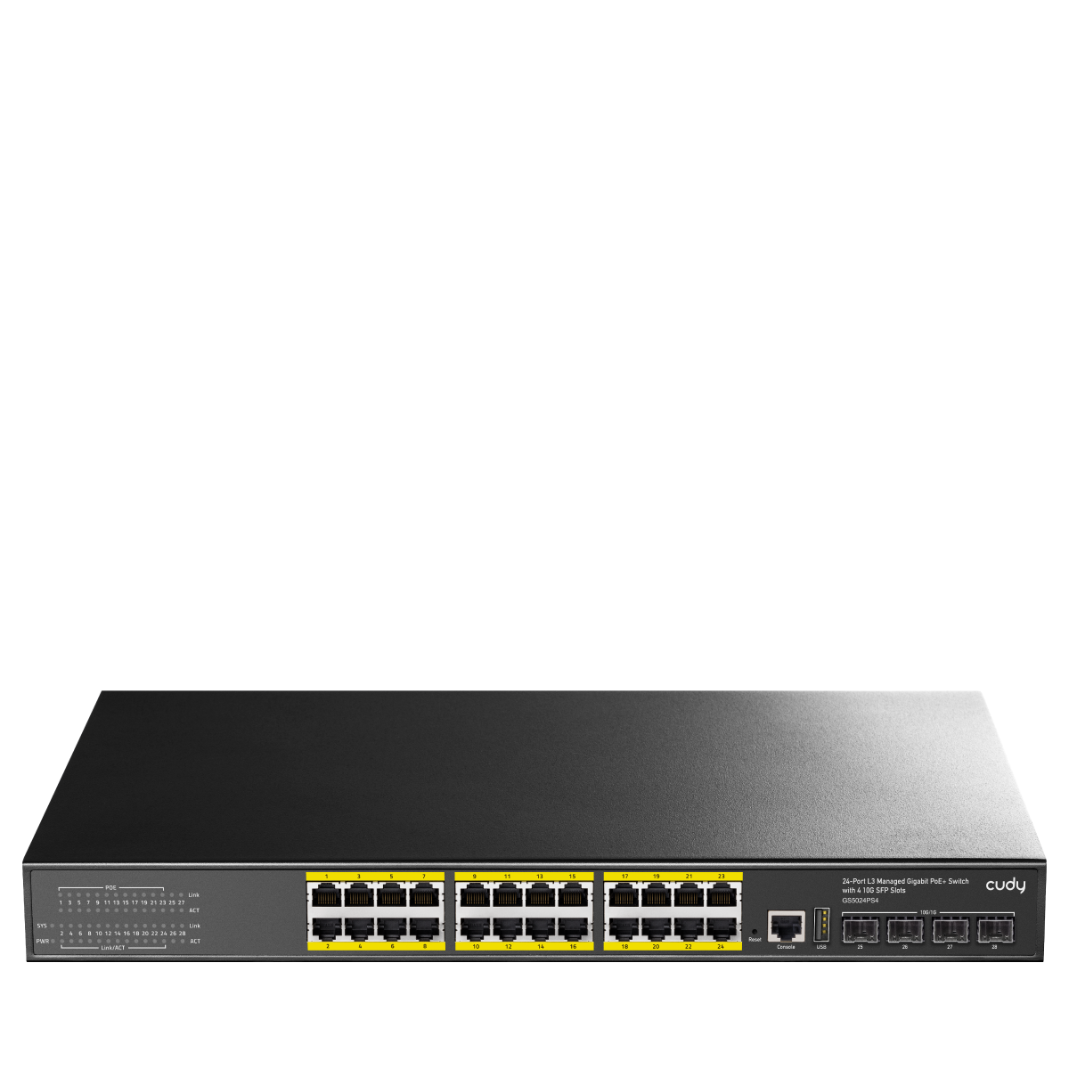 24-Port L3 Managed Gigabit PoE+ Switch with Four 10G SFP Slots, Model: GS5024PS4 - GS1010PE